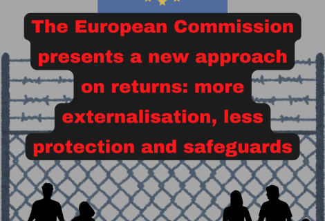 Image showing the EU flag behind a barbed wired fence where there are people on the other side.