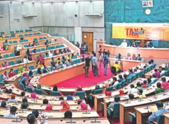 Participants are seen at “Citizen's Tax Tribunal”, a mock tribunal, organised by ActionAid Bangladesh at Nabab Nawab Ali Chowdhury Senate Bhaban of the University of Dhaka.